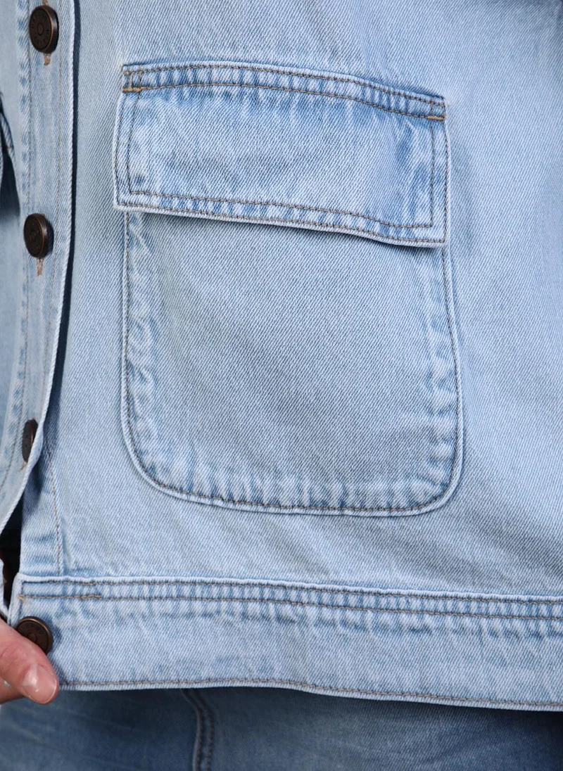 Urbano Fashion  Urbano Fashion Women's Ice Blue Relaxed Fit Full Sleeve Utility Denim Jacket for Women | Best Price UAE